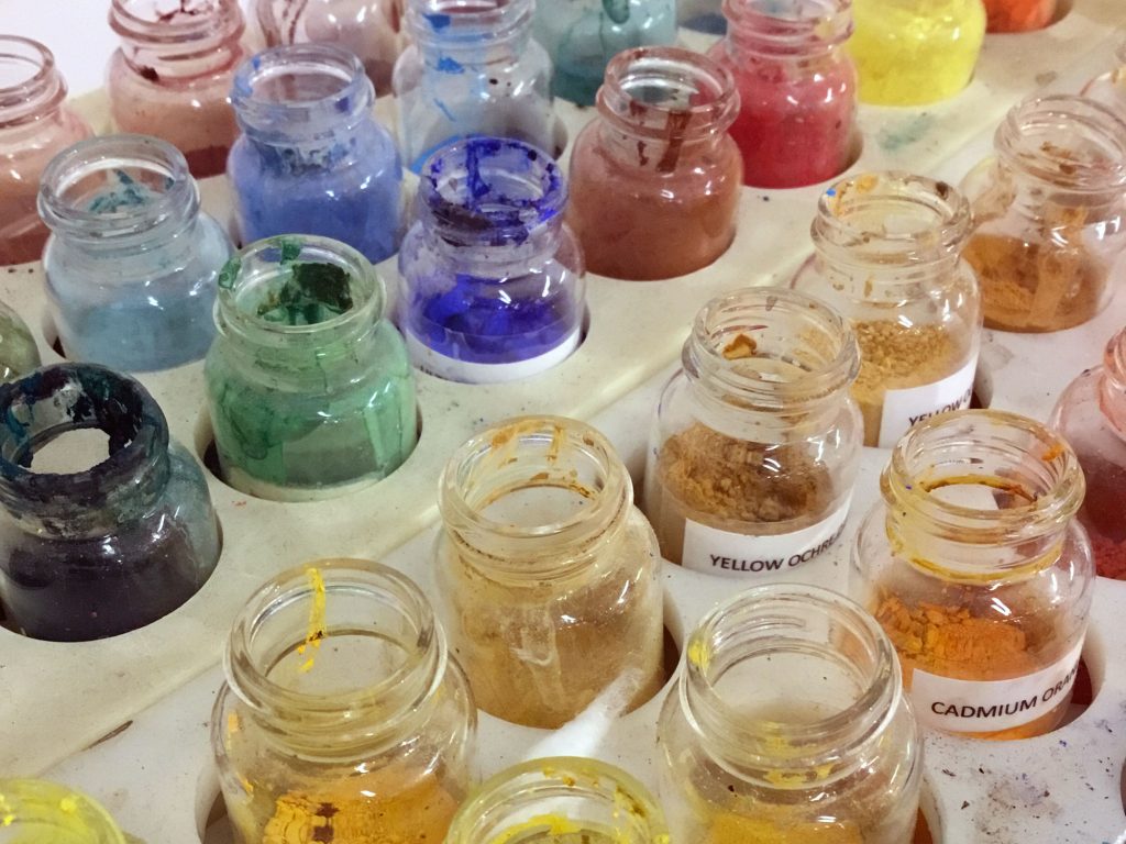 Jars of pigment from a restoration project