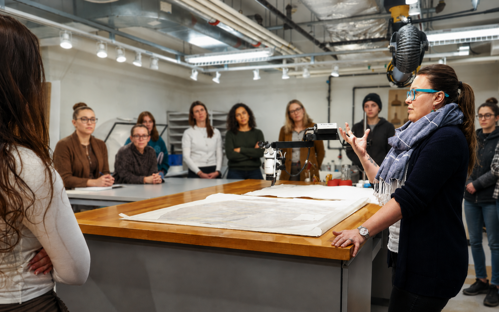 A group of students attentively listens to an instructor demonstrating techniques at a workshop in a studio setting.
